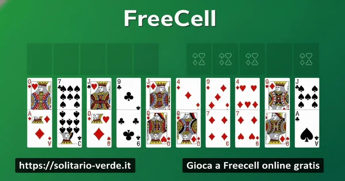 Schermata del gioco Freecell online gratis con 52 carte scoperte in otto colonne, quattro celle libere e quattro fondazioni