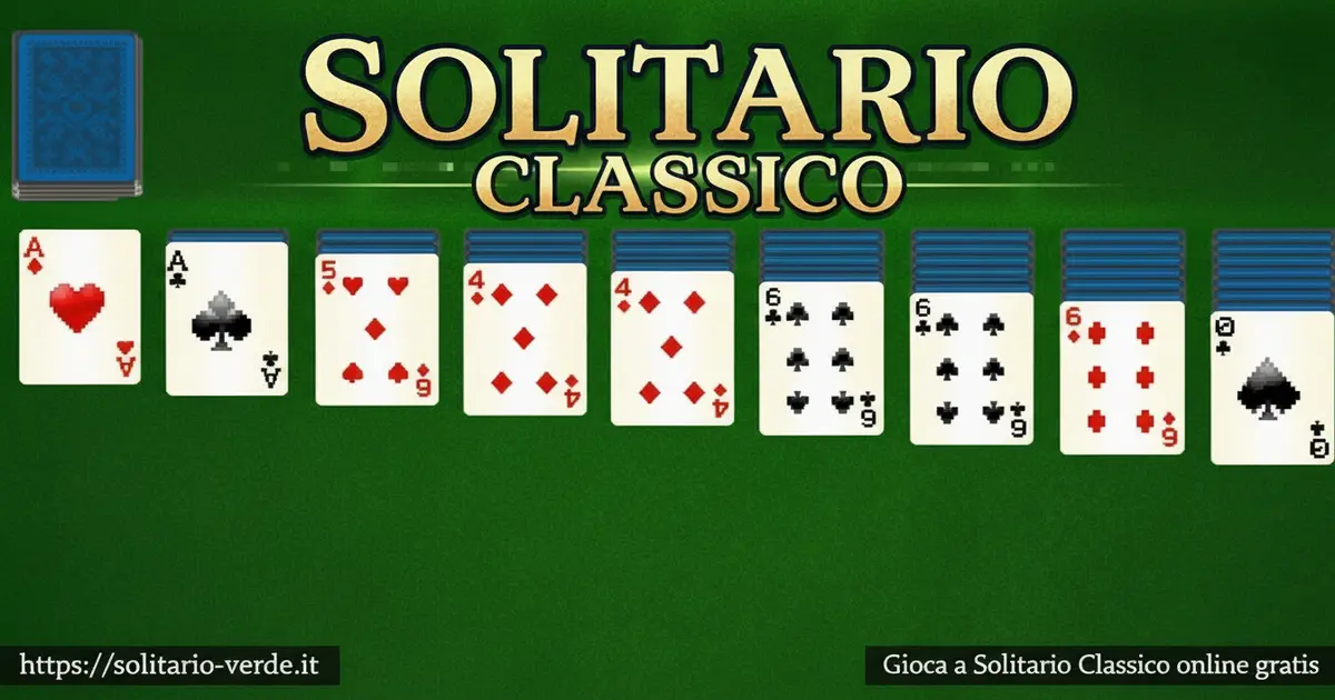 Schermata del gioco Solitario Classico online gratis con sette colonne di carte, mazzo di pesca e quattro fondazioni