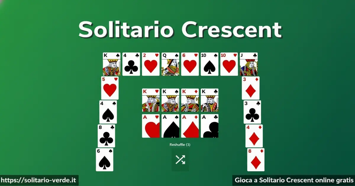 Schermata del gioco Solitario Crescent online gratis con 104 carte disposte a mezzaluna attorno alle otto fondazioni centrali