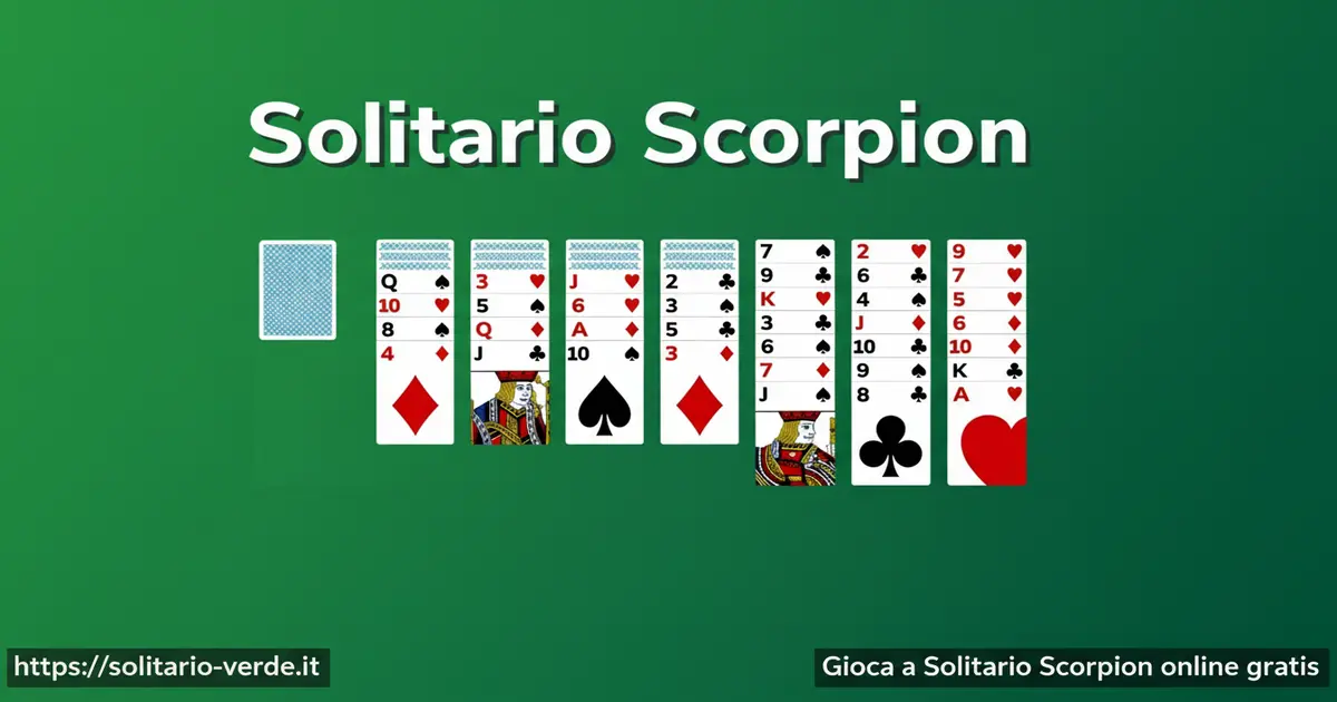 Schermata del gioco Solitario Scorpion online gratis con 49 carte distribuite in sette colonne e tre carte di riserva