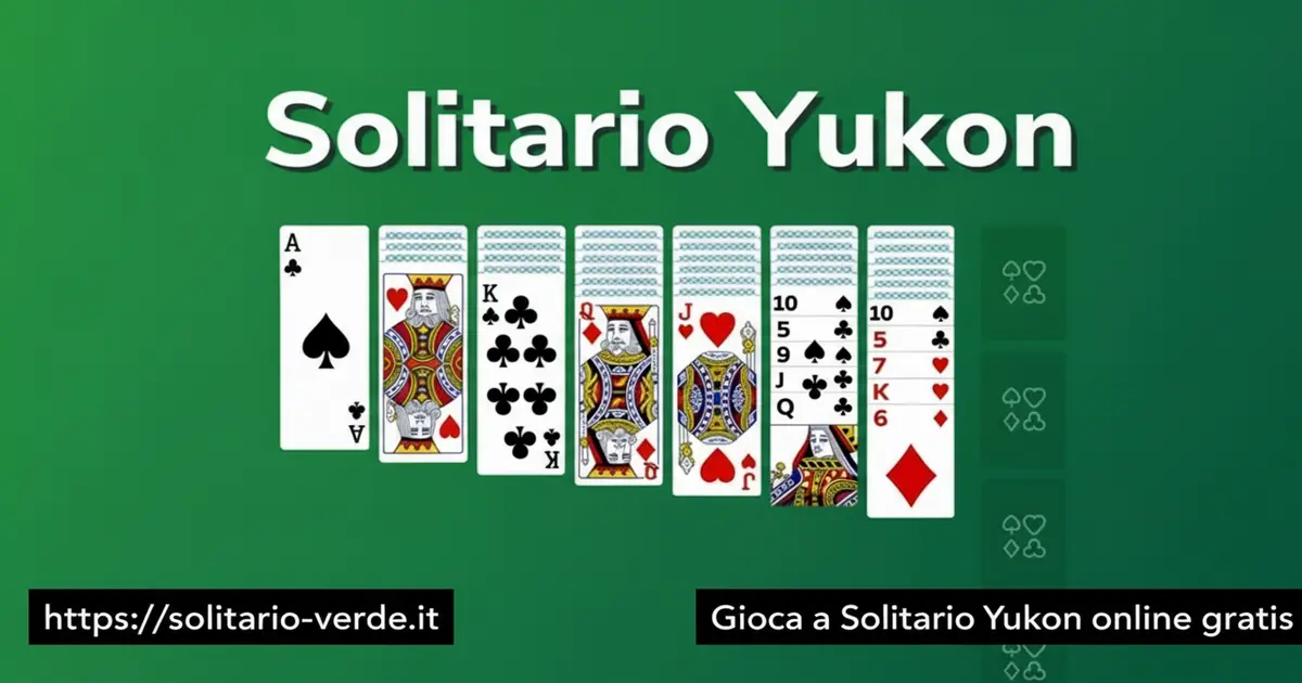 Schermata del gioco Solitario Yukon online gratis con 52 carte distribuite in sette colonne, carte coperte e scoperte, e quattro fondazioni