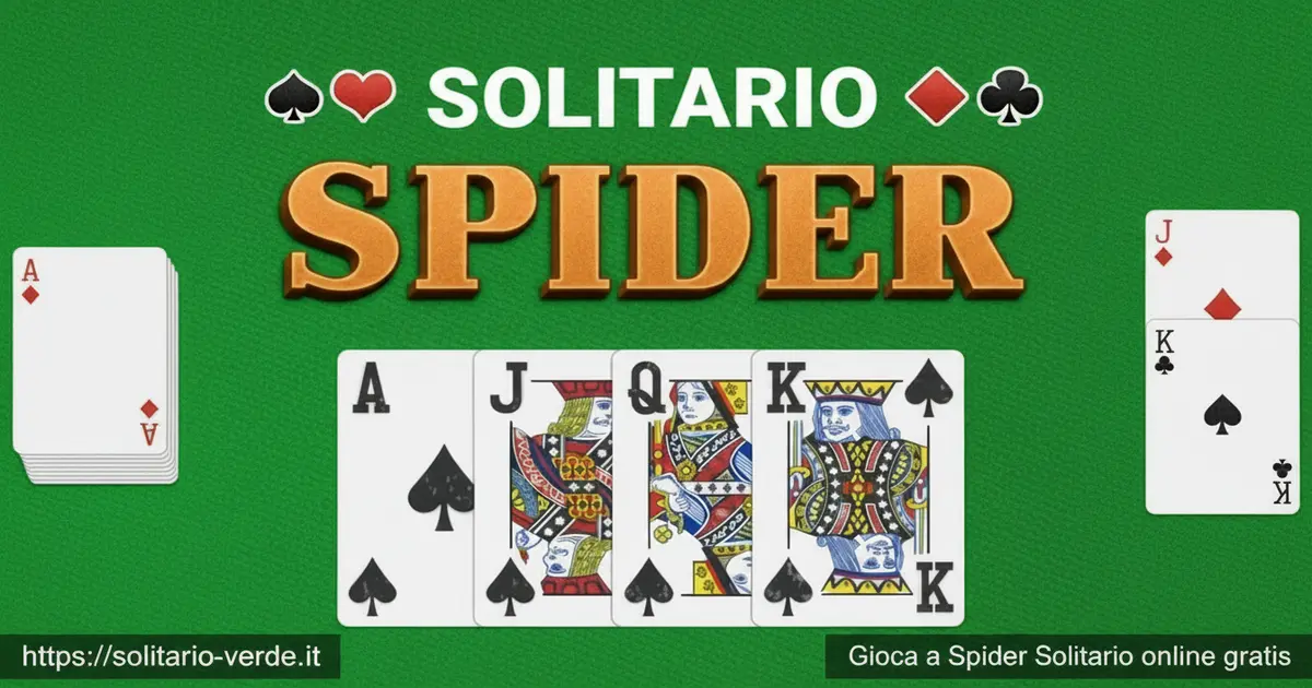 Schermata del gioco Spider Solitario online gratis con 104 carte distribuite in dieci colonne, mazzo di riserva e fondazioni