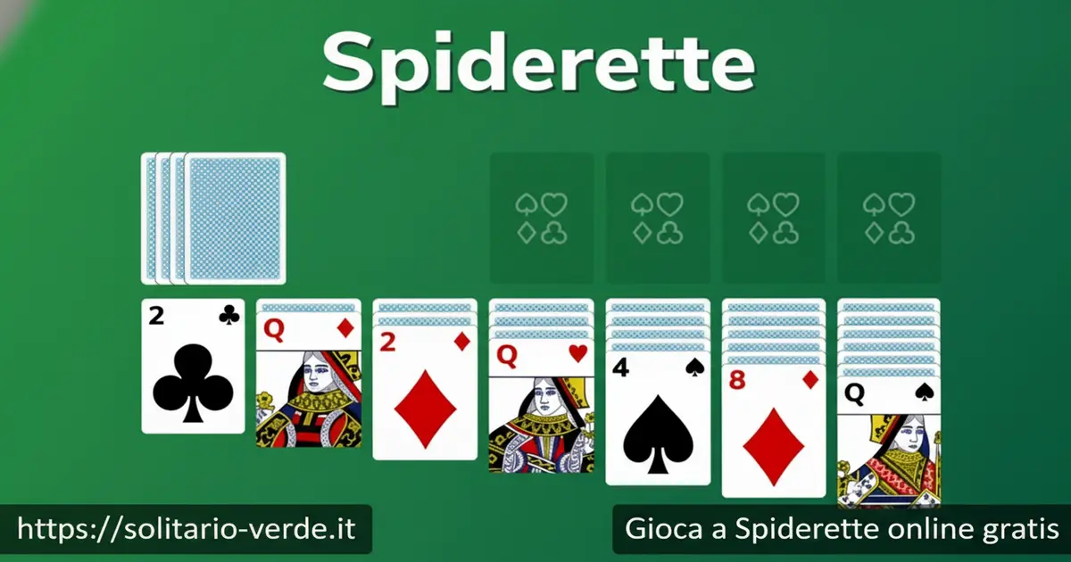 Schermata del gioco Spiderette online gratis con 52 carte distribuite in sette colonne a piramide e mazzo di riserva