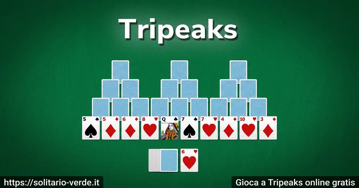 TriPeaks Solitaire online gratis — tre piramidi di carte con pozzo degli scarti e mazzo di riserva